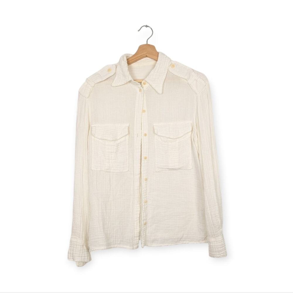 Raquel Allegra White Gauze Utilitarian Long Sleeve Button Down Top Size S